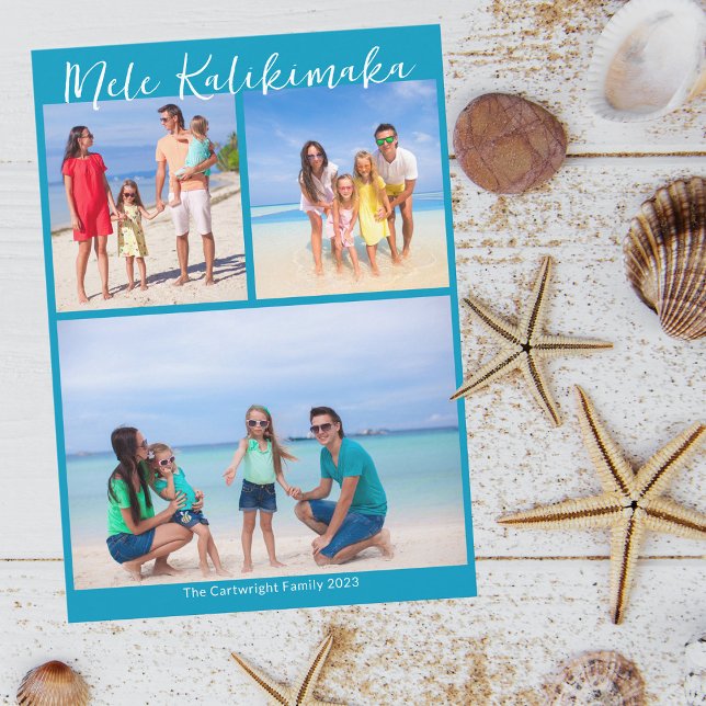 Chic Blue Mele Kalikimaka Photo Collage Christmas Holiday Card (Creator Uploaded)