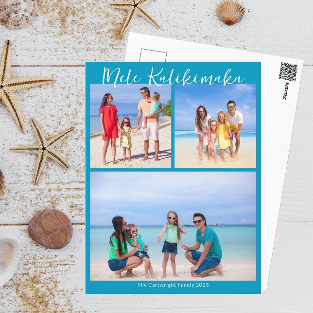 Chic Blue Mele Kalikimaka Photo Collage Christmas Postcard (Creator Uploaded)