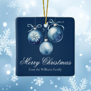 Chic Blue Merry Christmas 2025 Personalised Family Ceramic Ornament