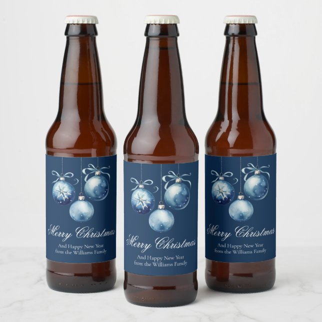 Chic Blue Merry Christmas Ornaments Customised Beer Bottle Label (Bottles)