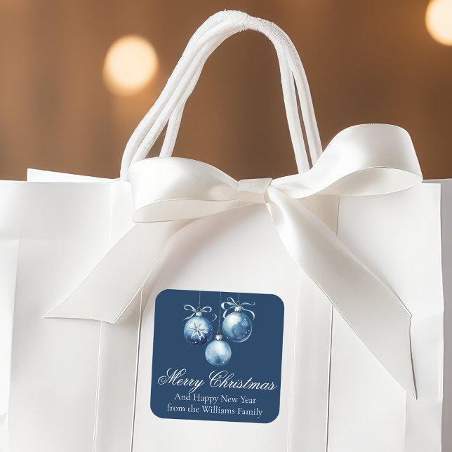 Chic Blue Merry Christmas Ornaments Customised Square Sticker (Creator Uploaded)