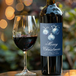 Chic Blue Merry Christmas Ornaments Customised Wine Label<br><div class="desc">This chic non photo Merry Christmas wine label features elegant blue cursive script next to a pretty watercolor drawing of holiday ornaments with a bow. Customise these beautiful holiday gifts for friends and family with white script.</div>