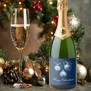 Chic Blue Merry Christmas Ornaments Customized Sparkling Wine Label