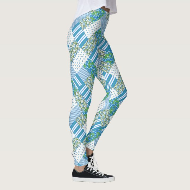 Chic Blue Morning Glory Faux Patchwork Pattern Leggings (Right)