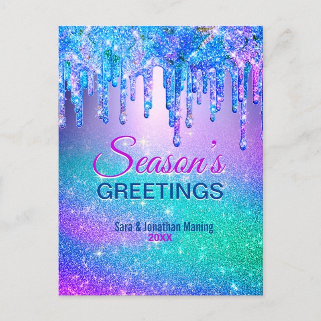 Chic blue ombre glitter drips Christmas new year  Postcard (Front)