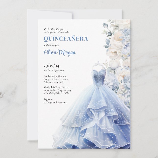 Chic blue opulent dress watercolor flowers peonies invitation (Front)