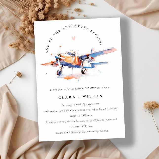 Chic Blue Orange Blush Air Plane Rehearsal Dinner Invitation (Creator Uploaded)
