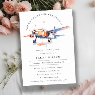 Chic Blue Orange Blush Airplane Bridal Shower Invitation