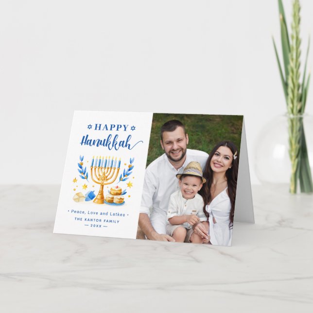 Chic Blue Peace Love Latkes Happy Hanukkah Photo Holiday Card (Front)