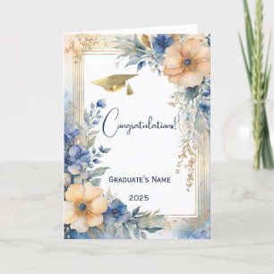 Chic Blue Peach Floral Personalised Graduation Card
