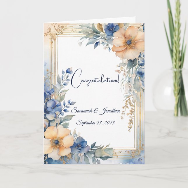 Chic Blue Peach Floral Personalised Wedding Card (Front)