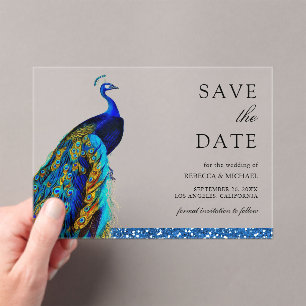 Chic Blue Peacock Indian Wedding Save the Date Acrylic Invitations