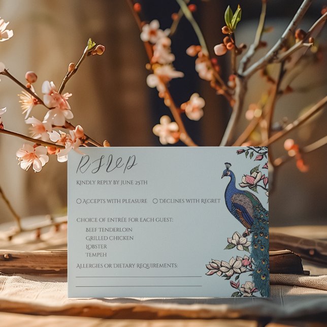 Chic Blue Peacock Reply Card (Elegant Blue RSVP Card. Hand Drawn Illustration of Peafowl Peacock on Magnolia Tree Branch in Bloom)