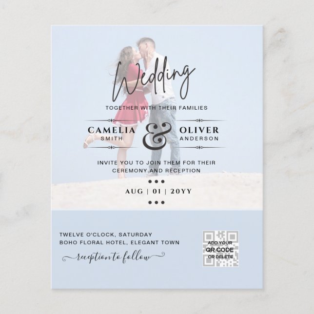Chic Blue Photo Wedding Invite QR Code Save Date  Flyer (Front)