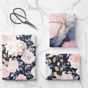Chic Blue Pink Abstract Floral Birthday Wrapping Paper Sheet