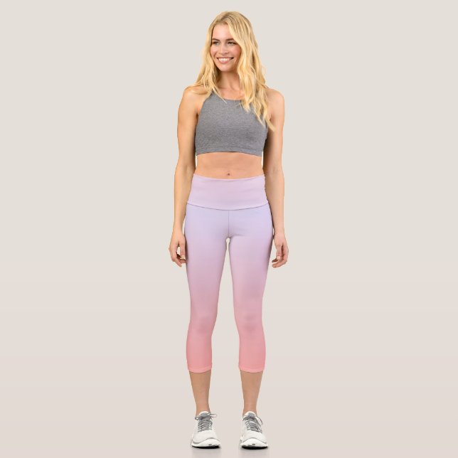 Chic Blue Pink and Coral peach Ombre soft Gradient Capri Leggings (Front)