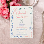 Chic blue pink bows ribbons illustrations Sweet 16 Invitation<br><div class="desc">Celebrate your birthday with our Boho Bow Ribbons Sweet 16 Invitation! This trendy and stylish invite features a cool scribbled illustration design with playful bow and ribbon illustrations in a charming in pink, blue and green, all editable, hand-drawn style with squiggles lines and frame. The editable beige background sets a...</div>