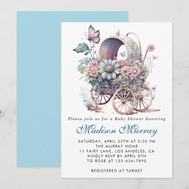 Chic Blue & Pink Floral Buggy Stroller Baby Shower Invitation (Front/Back)