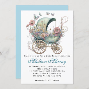 Chic Blue & Pink Floral Buggy Stroller Baby Shower Invitation