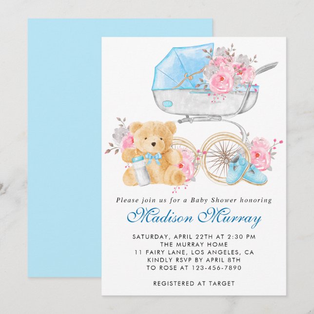 Chic Blue & Pink Floral Stroller Pram Baby Shower Invitation (Front/Back)