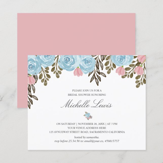 Chic Blue Pink floral Wedding Bridal SHOWER (Front/Back)