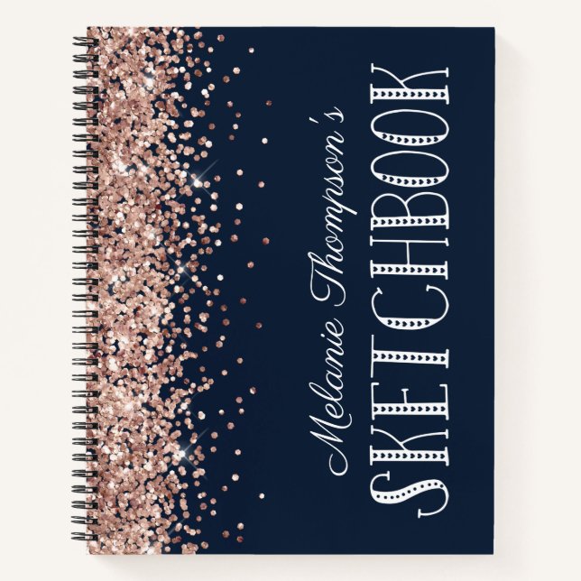 Chic Blue Pink Glitter Custom Name Sketchbook Notebook (Front)