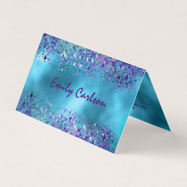 Chic Blue pink iridescent glitter Business Card (Front)