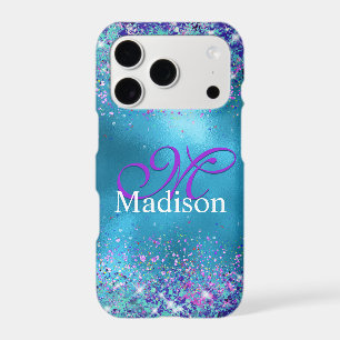 Chic Blue pink iridescent glitter monogram