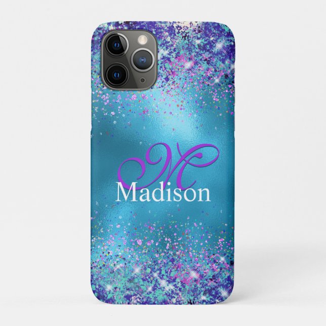 Chic Blue pink iridescent glitter monogram Case-Mate iPhone Case (Back)