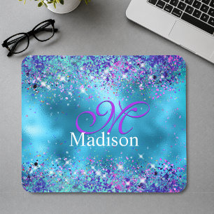 Chic Blue pink iridescent glitter monogram Mouse Mat