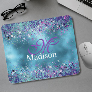 Chic Blue pink iridescent glitter monogram Mouse Mat