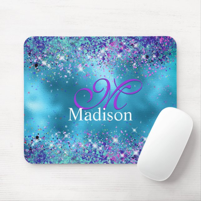 Chic Blue pink iridescent glitter monogram Mouse Mat (With Mouse)