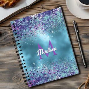 Chic Blue pink iridescent glitter monogram Notebook