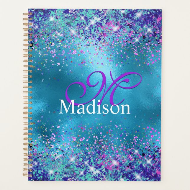 Chic Blue pink iridescent glitter monogram Planner (Front)