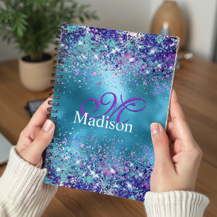 Chic Blue pink iridescent glitter monogram Planner
