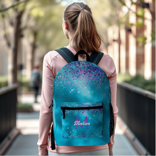 Chic Blue pink iridescent glitter monogram Printed Backpack
