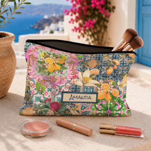 Chic Blue Pink Majolica Citrus Floral Tiles Accessory Pouch