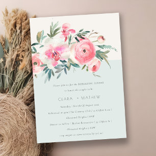 Chic Blue Pink Rose Orchid Flora Rehearsal Dinner Invitation