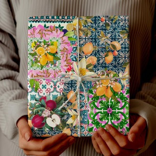 Chic Blue Pink Sicilian Citrus Floral Tile Wrapping Paper