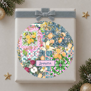 Chic blue pink sicilian citrus floral tiles classic round sticker