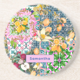 Chic blue pink sicilian citrus floral tiles coaster