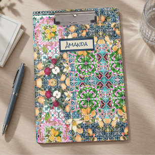 Chic blue pink sicilian citrus floral tiles dopp clipboard