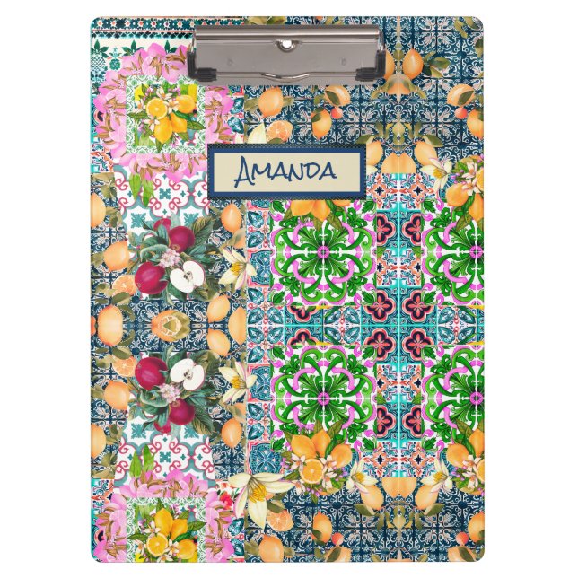 Chic blue pink sicilian citrus floral tiles  dopp clipboard (Front)