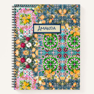 Chic blue pink sicilian citrus floral tiles dopp notebook