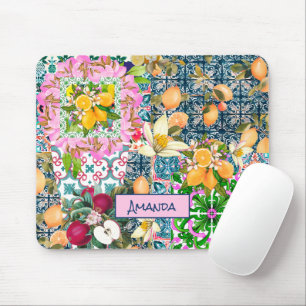 Chic blue pink sicilian citrus floral tiles mouse mat