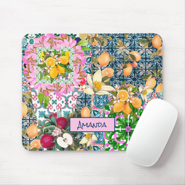 Chic blue pink sicilian citrus floral tiles mouse mat (With Mouse)