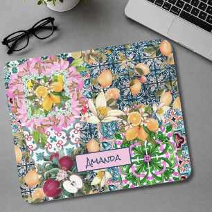 Chic blue pink sicilian citrus floral tiles mouse mat