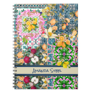 Chic blue pink sicilian citrus floral tiles notebook