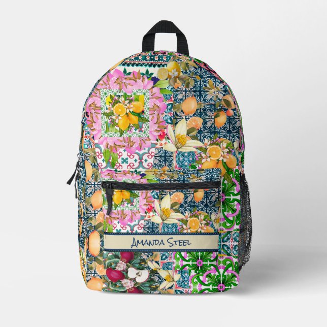 Chic blue pink sicilian citrus floral tiles  printed backpack (Front)