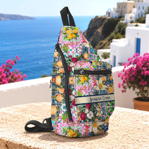 Chic blue pink sicilian citrus floral tiles  sling bag